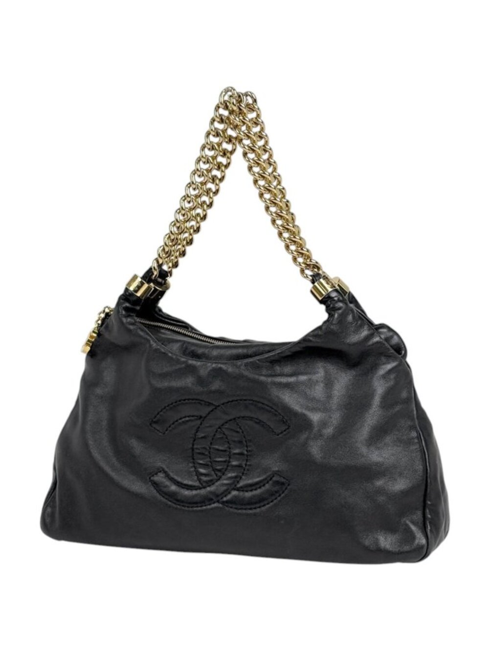Chanel Tote Bag CC Logo Chain Leather Black